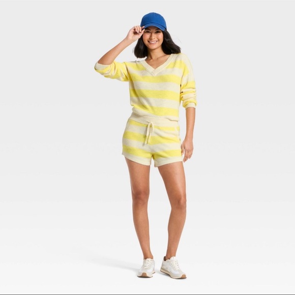 Women's Striped V-Neck Sweater Top - JoyLab™ Yellow/Cream Stripe M - Picture 3 of 12